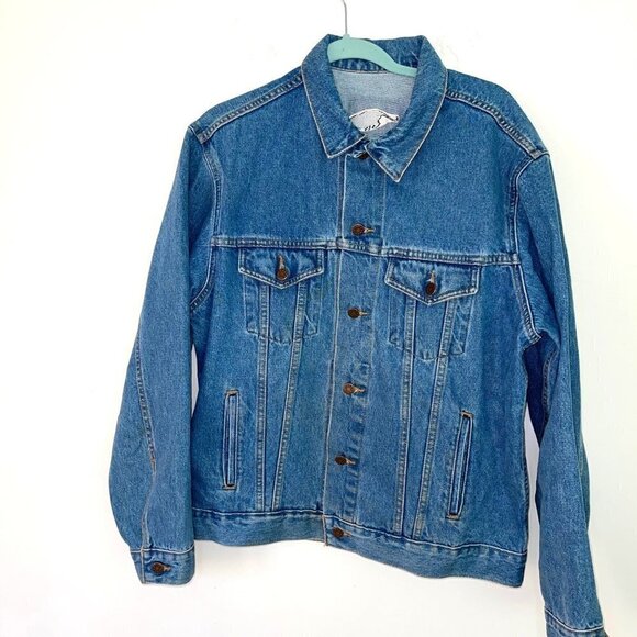 Amerifest Big Gig Denim Trucker Jacket Mens Blue Hat Logo Cotton Button Front - Picture 12 of 12